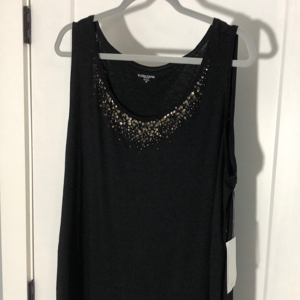 Black Eileen Fisher Woman Linen Jersey Tank with Metallic Sequins. NWT